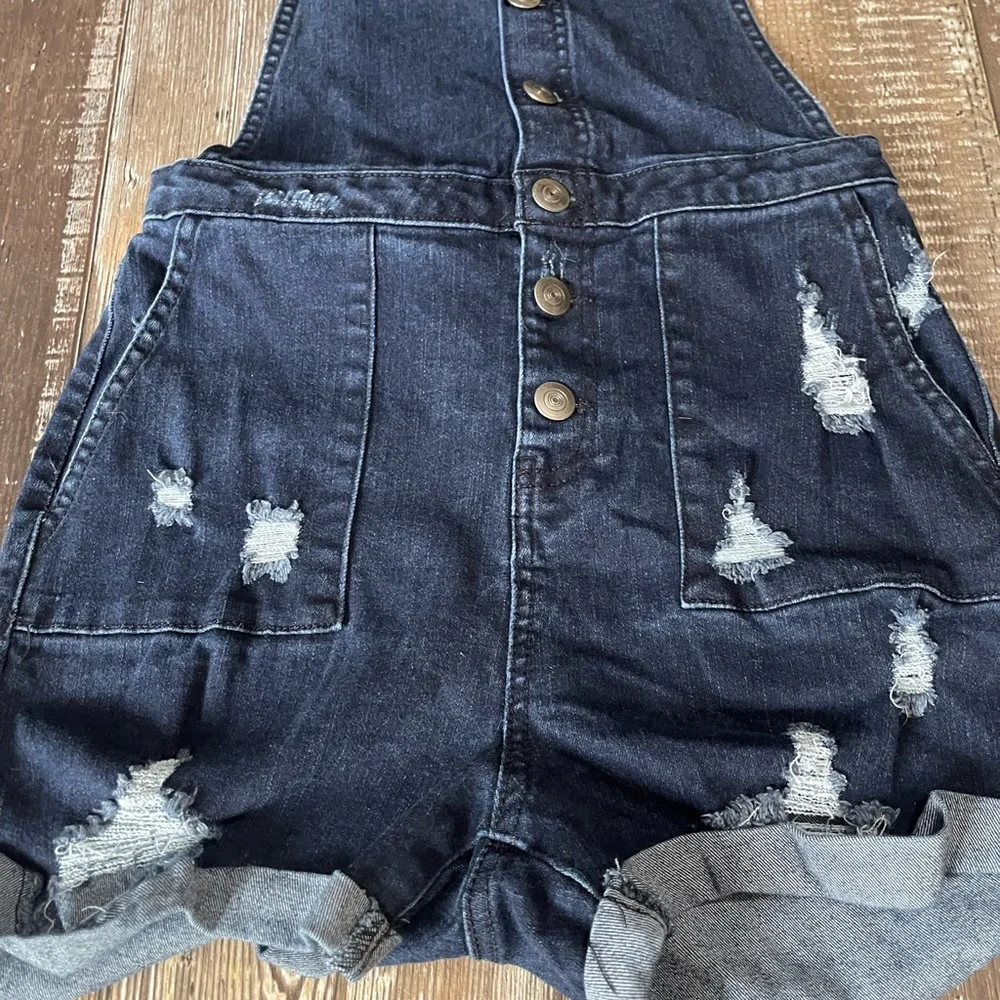 Junior girls Dark Denim Distressed Short Overalls - Picture 2 of 4